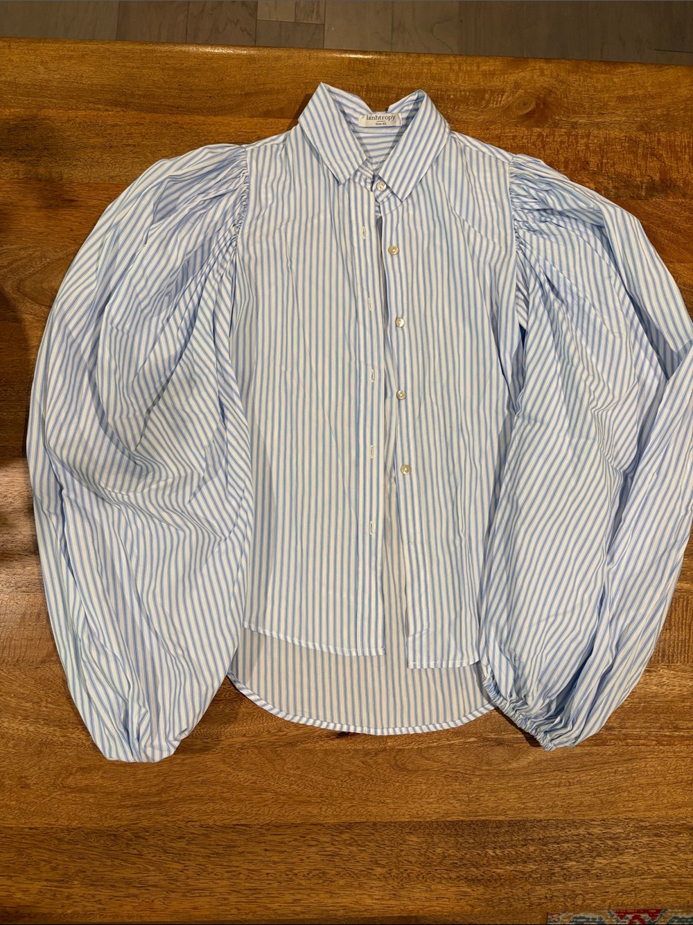 Cotton Blue & White Striped Puff-Sleeve Button-Down Shirt